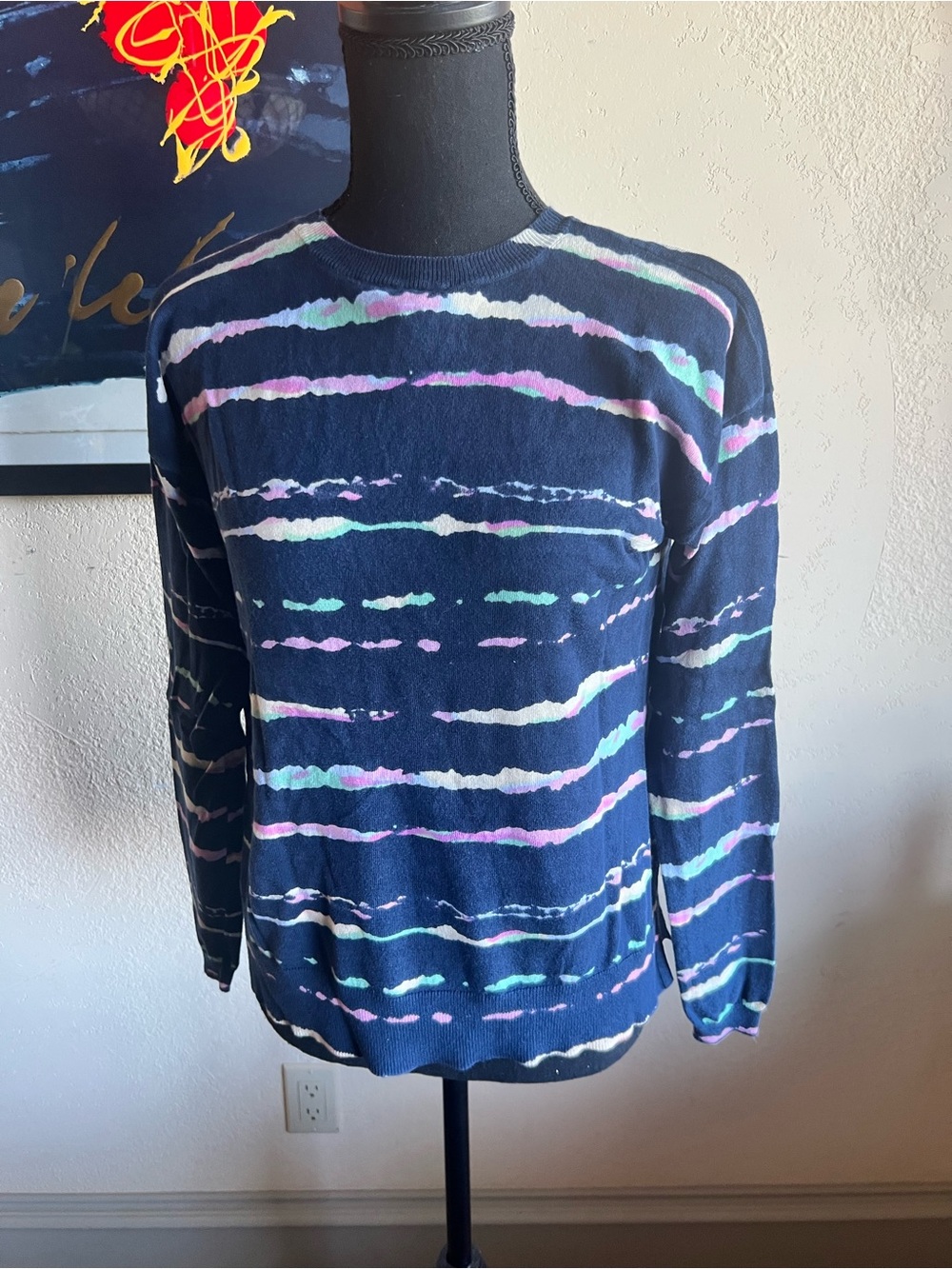 Elliott Lauren Navy Crewneck Sweater with Pastel Stripes